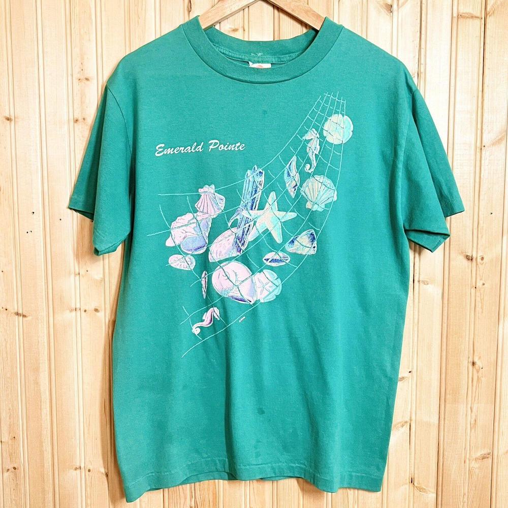 VTG Emerald Pointe T Shirt Single Stitch Turquoise Tagged Sz L Fits Slim Like M